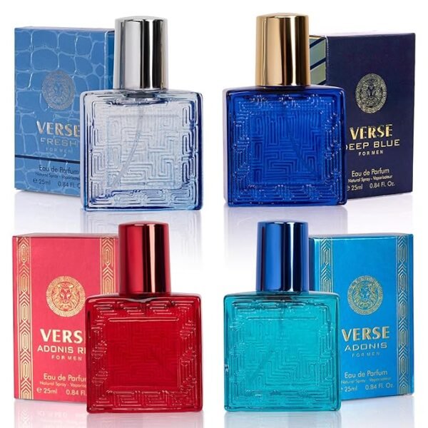 NovoGlow Verse - Juego de 4 piezas de fragancia para hombre, notas aromáticas, florales, orientales y amaderadas, en caja individual, tamaño viaje, 0.8 fl oz Eau De Parfum